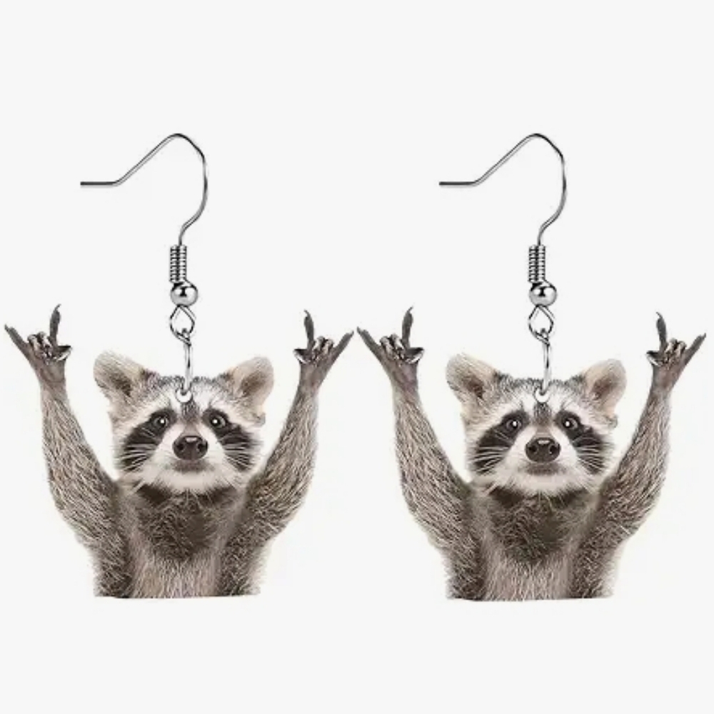 Cute Raccoon Drop Earrings - Gray Raccoon Design